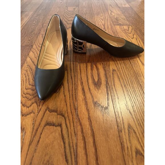 Adrienne Vittadini Flori Metallic Heel Pumps Womens 7 Black Metallic Block Heel - Picture 1 of 16